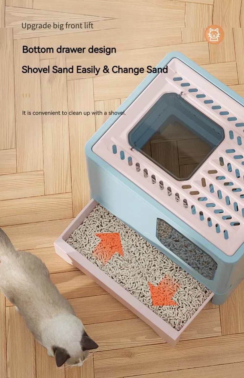 Foldable Cat Litter Box With Lid Kitty Toilet Top Entry Enclosed Cat Potty Anti/Splashing Covered Drawer Type Pet Litter Pan with Cats Litter Scoop