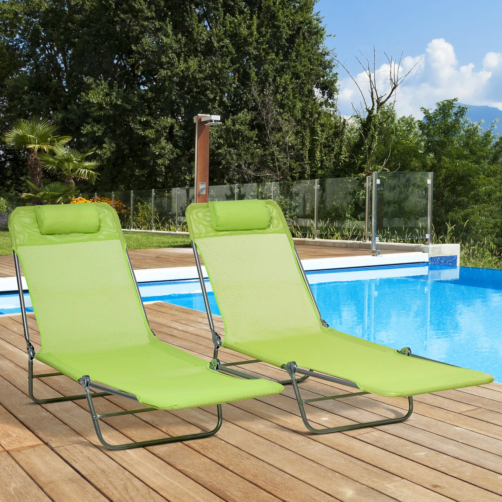 Folding Sun Lounger Set of 2, Outdoor Day Beds with Pillow, Reclining Back, Steel Frame and Breathable Mesh for Beach, Yard, Patio, Green