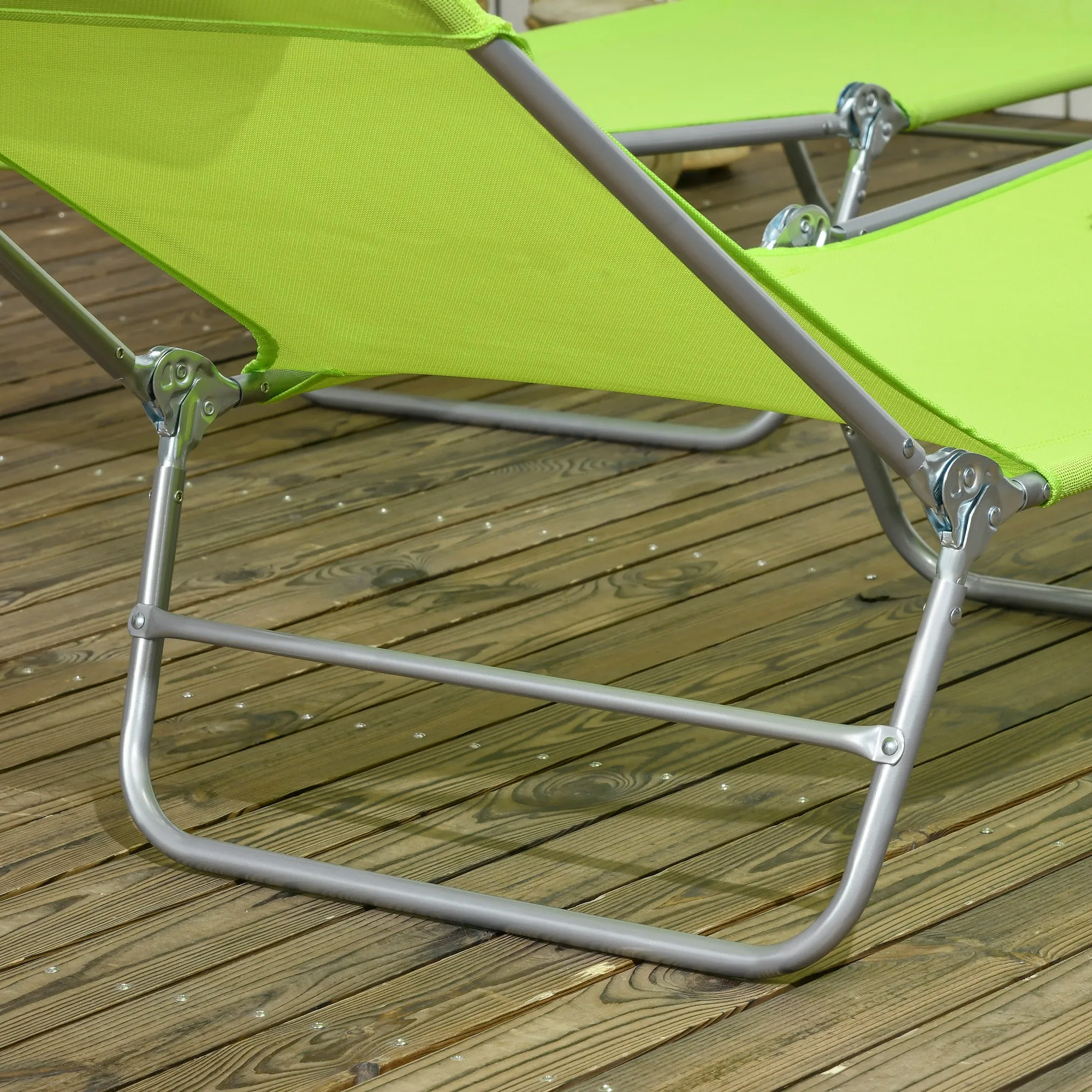 Folding Sun Lounger Set of 2, Outdoor Day Beds with Pillow, Reclining Back, Steel Frame and Breathable Mesh for Beach, Yard, Patio, Green