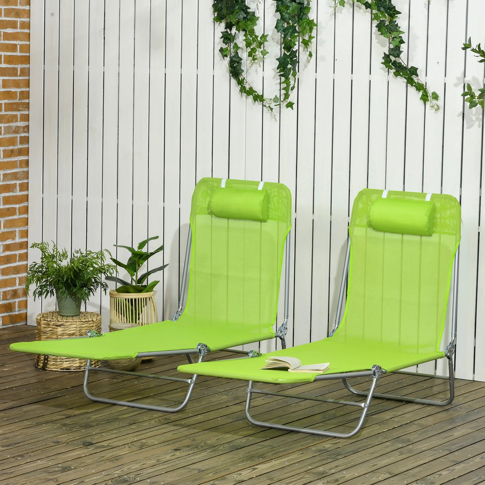 Folding Sun Lounger Set of 2, Outdoor Day Beds with Pillow, Reclining Back, Steel Frame and Breathable Mesh for Beach, Yard, Patio, Green
