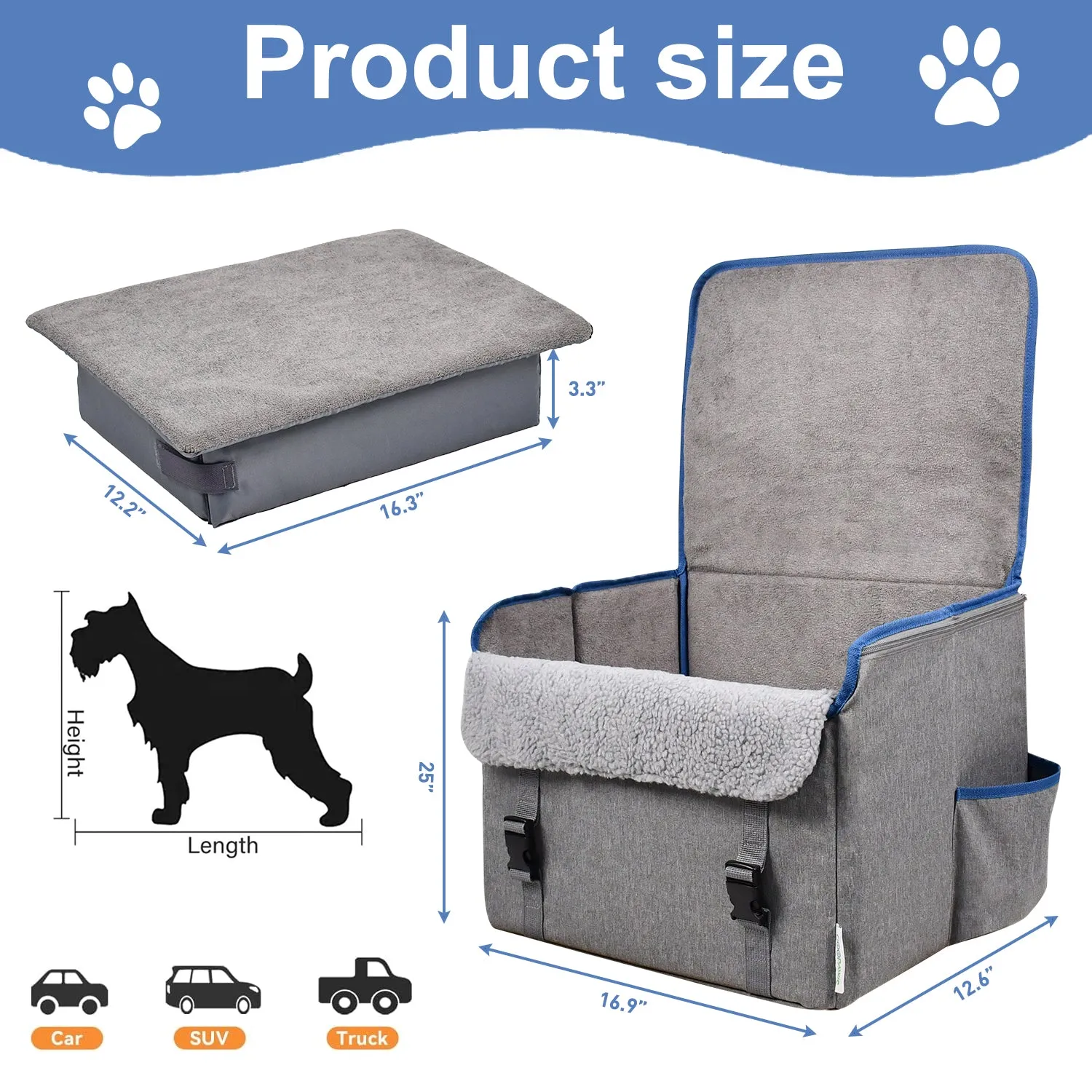 GOOPAWS Dog Car Seat for Small or Medium Dogs, Portable Dog Car Travel Bed with Clip-On Safety Leash, Briefcase Shape Waterproof Dog Booster Car Seat, Suitable for Pets Up to 25lbs, Grey, 16''