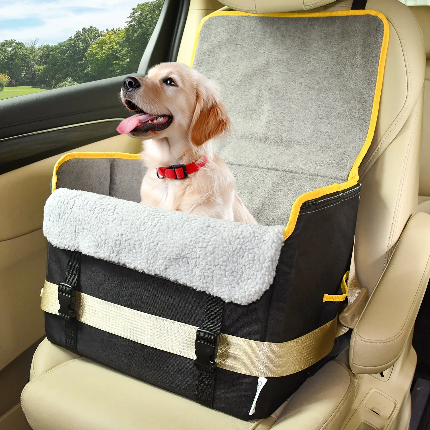 GOOPAWS Dog Car Seat for Small or Medium Dogs, Portable Dog Car Travel Bed with Clip-On Safety Leash, Briefcase Shape Waterproof Dog Booster Car Seat, Suitable for Pets Up to 25lbs, Grey, 16''