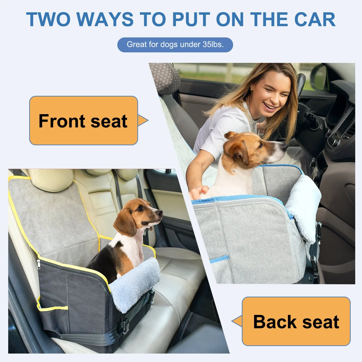 GOOPAWS Dog Car Seat for Small or Medium Dogs, Portable Dog Car Travel Bed with Clip-On Safety Leash, Briefcase Shape Waterproof Dog Booster Car Seat, Suitable for Pets Up to 25lbs, Grey, 16''