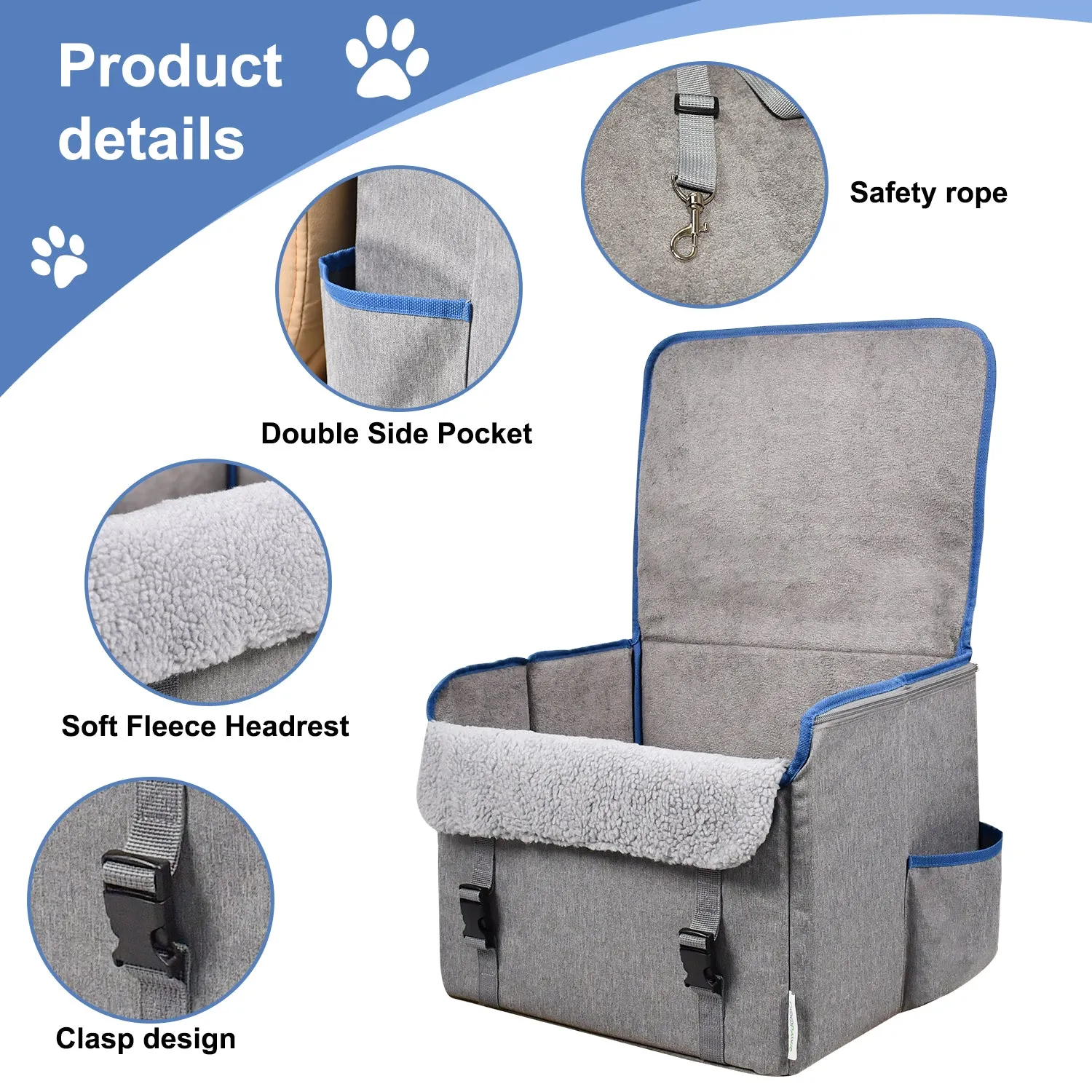GOOPAWS Dog Car Seat for Small or Medium Dogs, Portable Dog Car Travel Bed with Clip-On Safety Leash, Briefcase Shape Waterproof Dog Booster Car Seat, Suitable for Pets Up to 25lbs, Grey, 16''