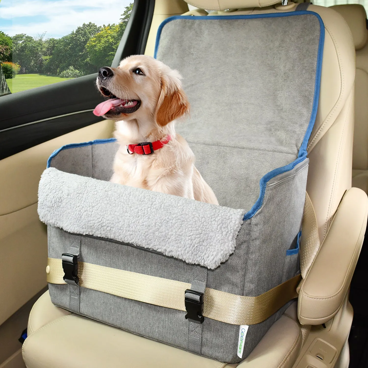 GOOPAWS Dog Car Seat for Small or Medium Dogs, Portable Dog Car Travel Bed with Clip-On Safety Leash, Briefcase Shape Waterproof Dog Booster Car Seat, Suitable for Pets Up to 25lbs, Grey, 16''