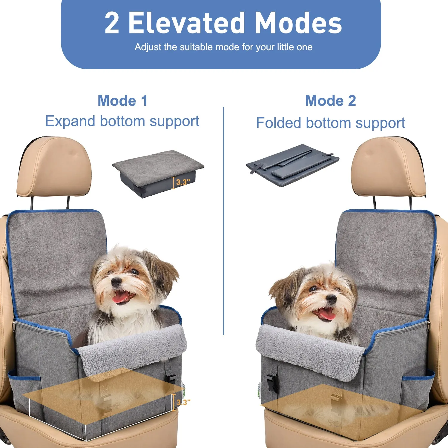 GOOPAWS Dog Car Seat for Small or Medium Dogs, Portable Dog Car Travel Bed with Clip-On Safety Leash, Briefcase Shape Waterproof Dog Booster Car Seat, Suitable for Pets Up to 25lbs, Grey, 16''