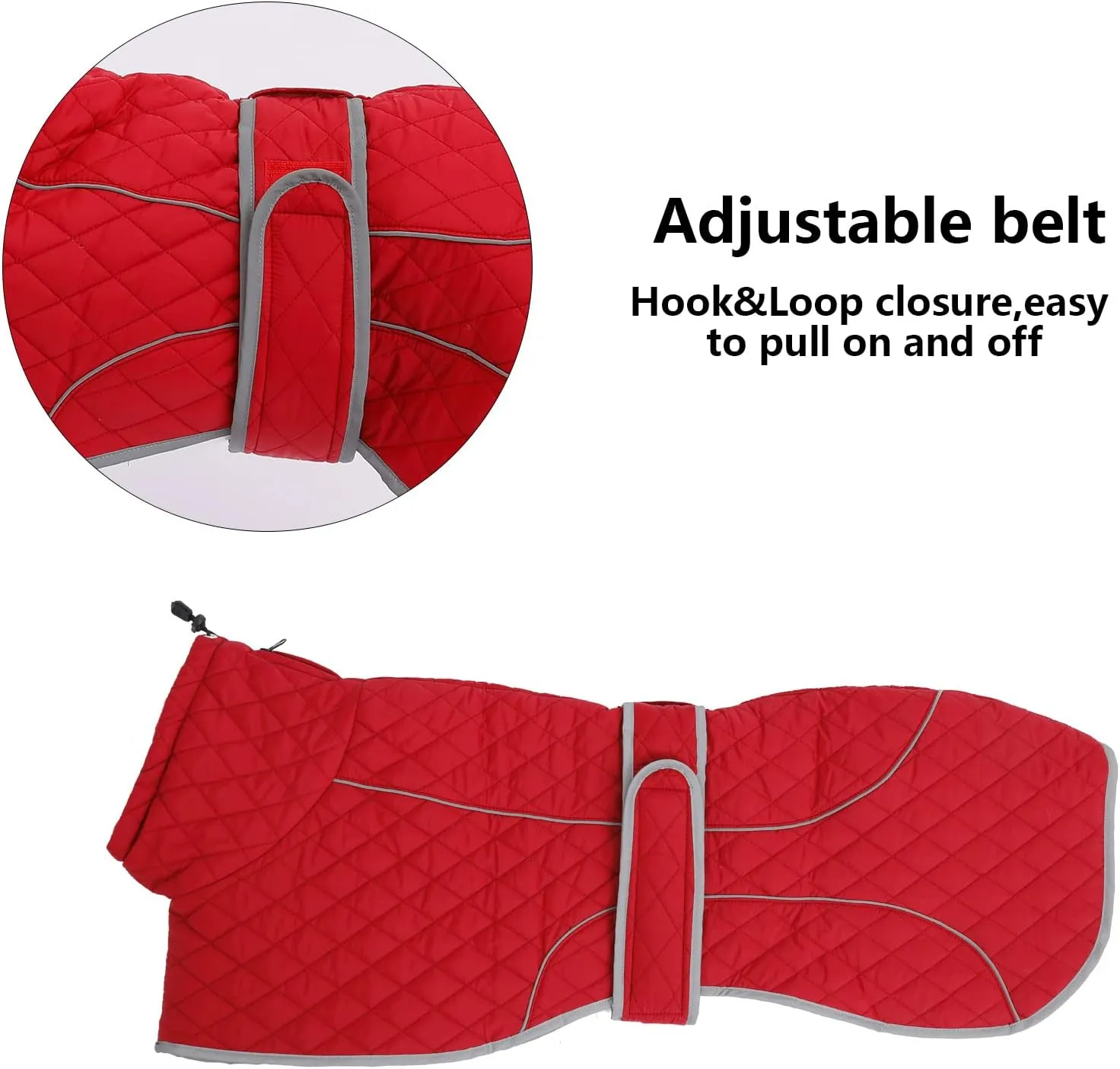 Greyhound Winter Coat, Whippet Coat with Padded Fleece Lining, Water Resistant Dog Jacket with Hook and Loop Closure and Reflective Trim Safety - Red - XSmall
