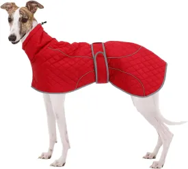 Greyhound Winter Coat, Whippet Coat with Padded Fleece Lining, Water Resistant Dog Jacket with Hook and Loop Closure and Reflective Trim Safety - Red - XSmall