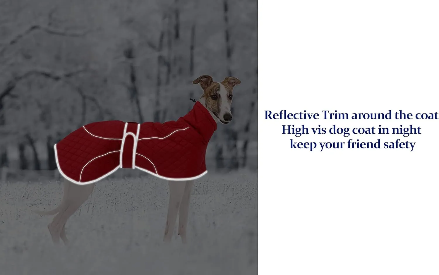 Greyhound Winter Coat, Whippet Coat with Padded Fleece Lining, Water Resistant Dog Jacket with Hook and Loop Closure and Reflective Trim Safety - Red - XSmall