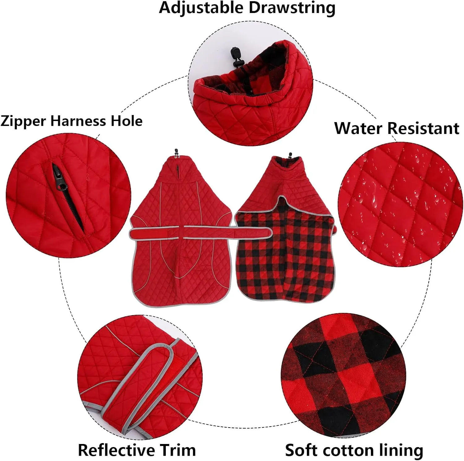 Greyhound Winter Coat, Whippet Coat with Padded Fleece Lining, Water Resistant Dog Jacket with Hook and Loop Closure and Reflective Trim Safety - Red - XSmall