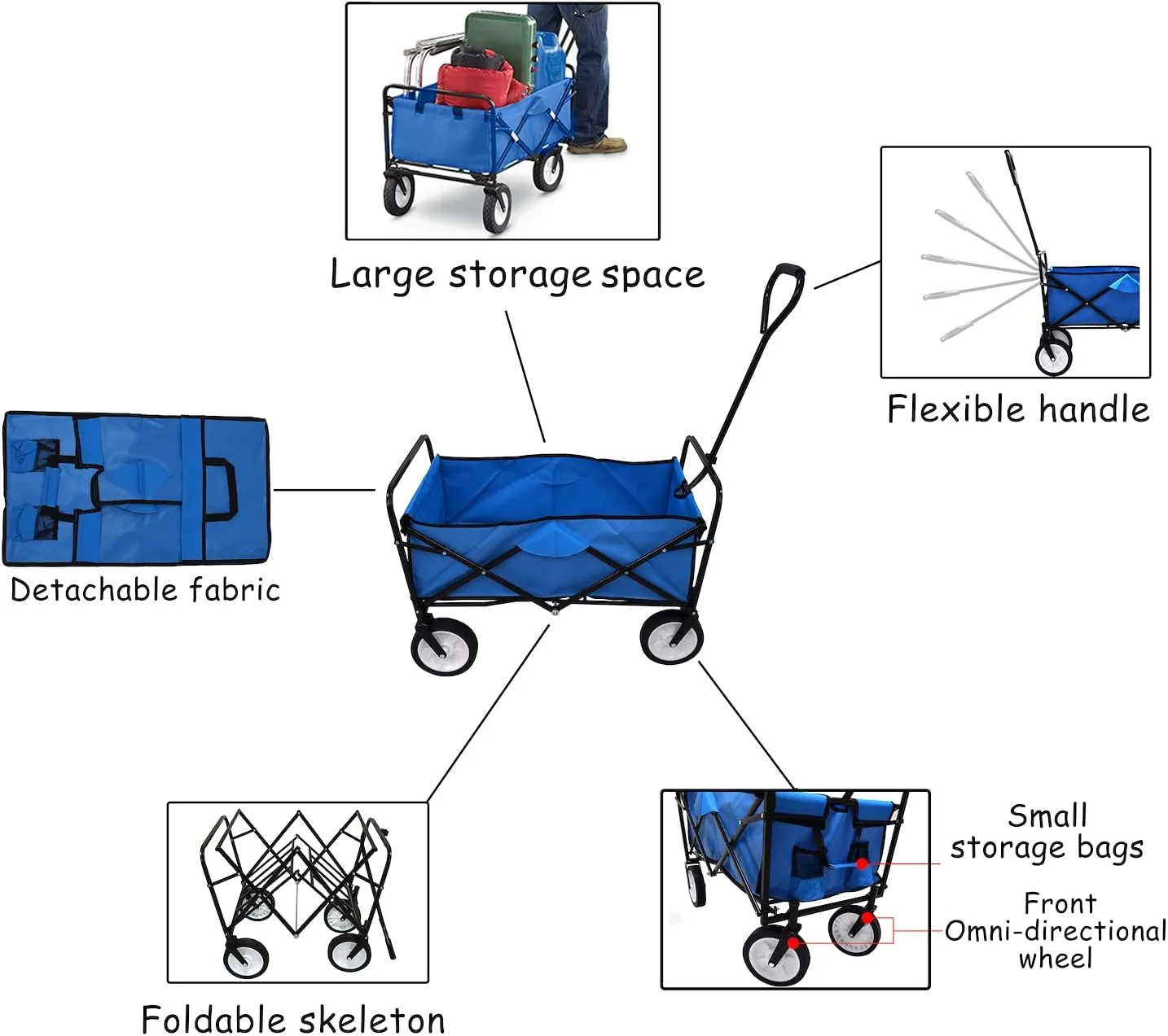 HTTMT- Blue Multifunction Folding Wagon Cart Outdoor Portable Wheels for Utility,Camping,Grocery,Shopping,Kid Carry,Picnic,Beach,Garden [P/N: ET-TOOL038-BLUE]