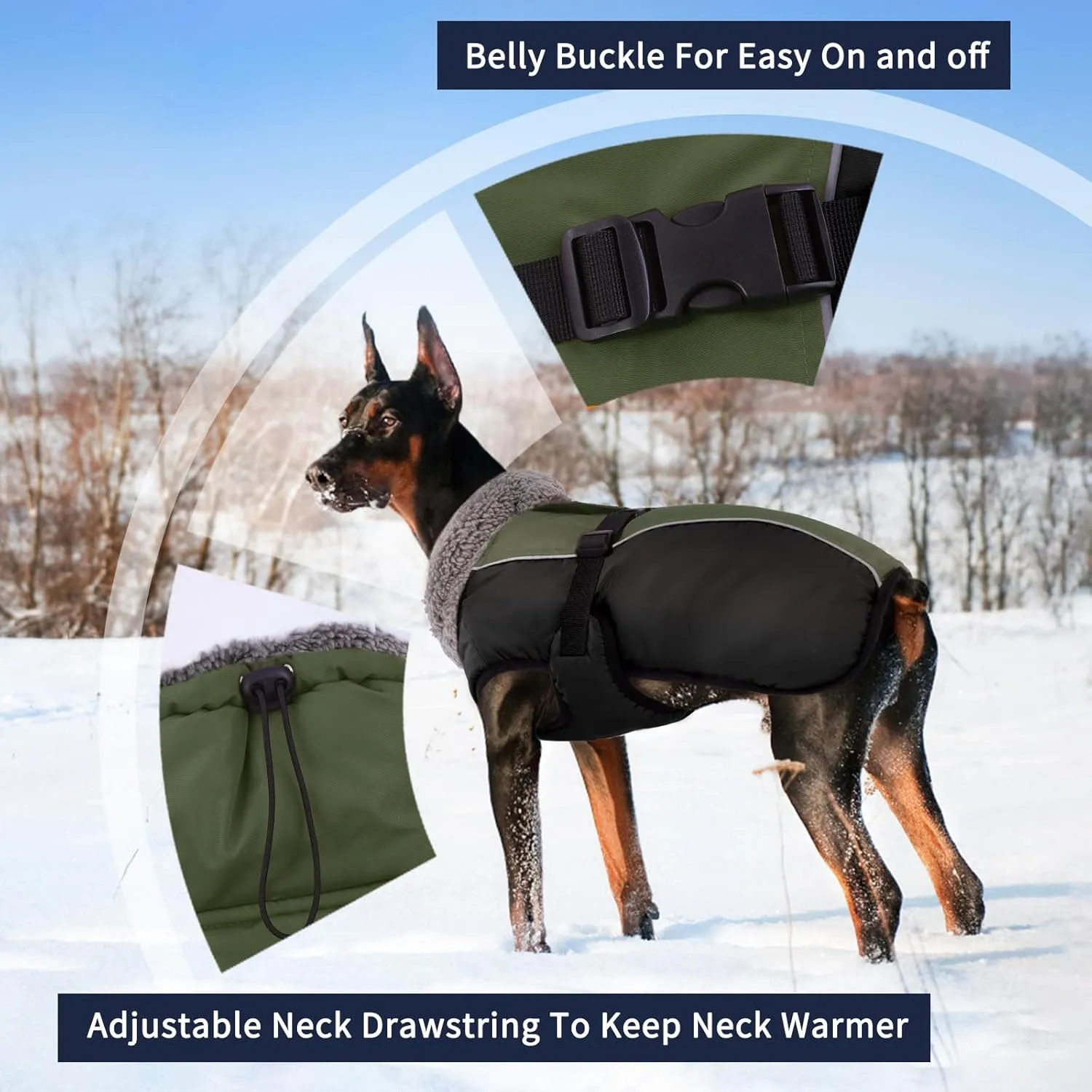 IECOii Extra Warm Dog Coat Reflective Adjustable Dog Jacket Dog Winter Coat with Buckle Fleece Turtleneck Dog Jacket for Cold Weather Soft Winter Coat for Small Medium Extra Large Dogs, Army Green