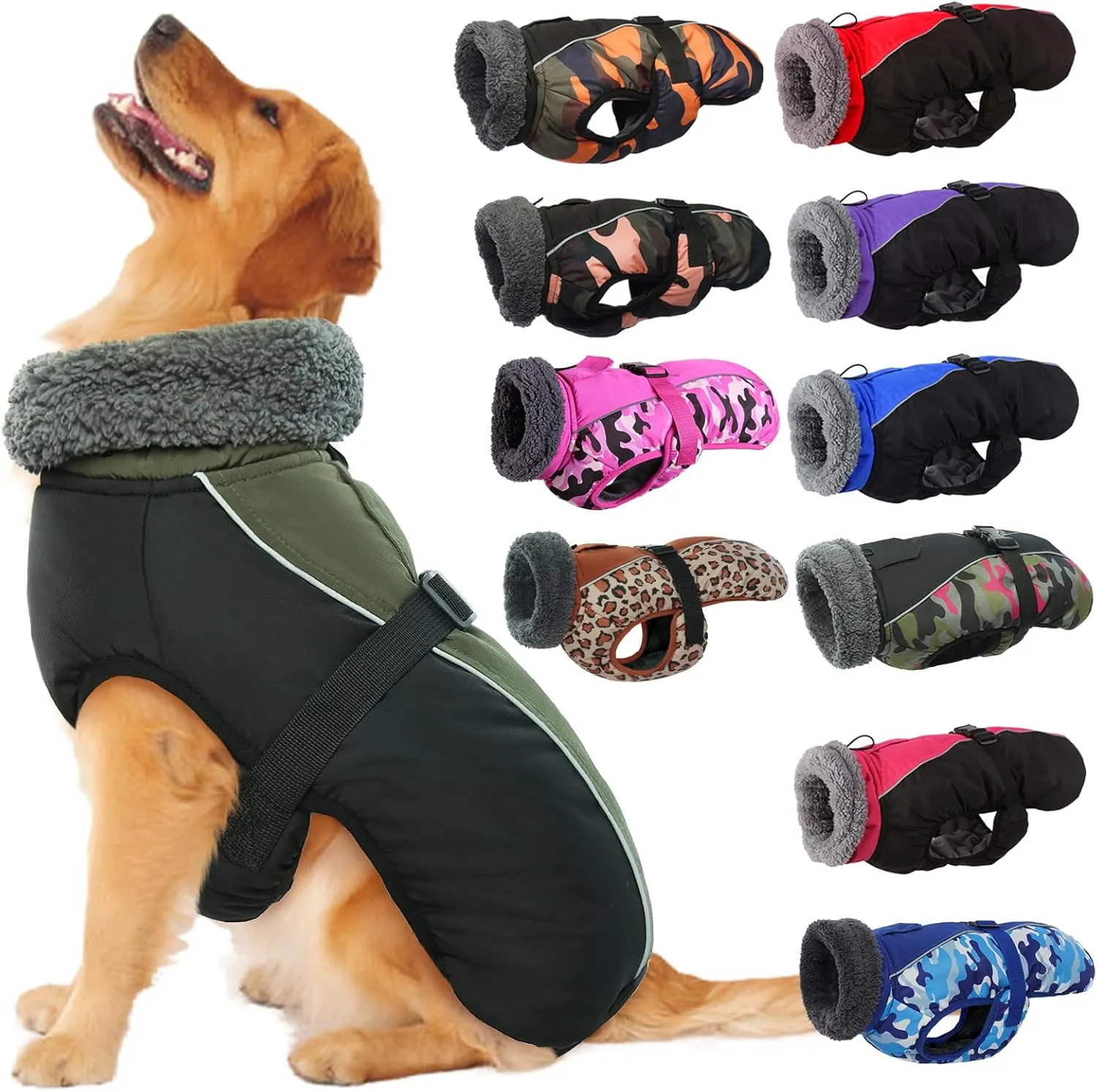 IECOii Extra Warm Dog Coat Reflective Adjustable Dog Jacket Dog Winter Coat with Buckle Fleece Turtleneck Dog Jacket for Cold Weather Soft Winter Coat for Small Medium Extra Large Dogs, Army Green