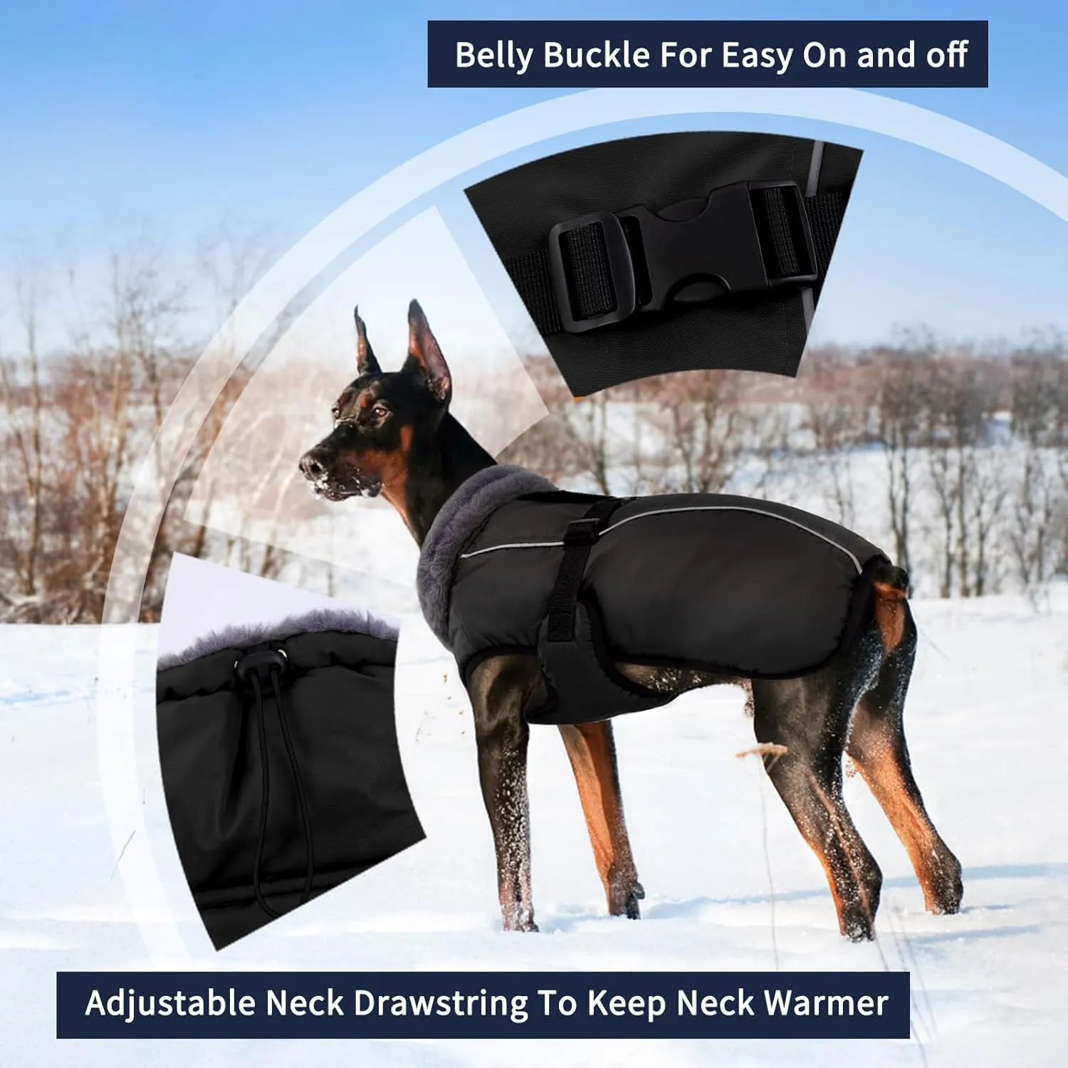 IECOii Extra Warm Reflective Adjustable Dog Jacket with Buckle Fleece Turtleneck for Small Medium Extra Large Dogs in Cold Weather