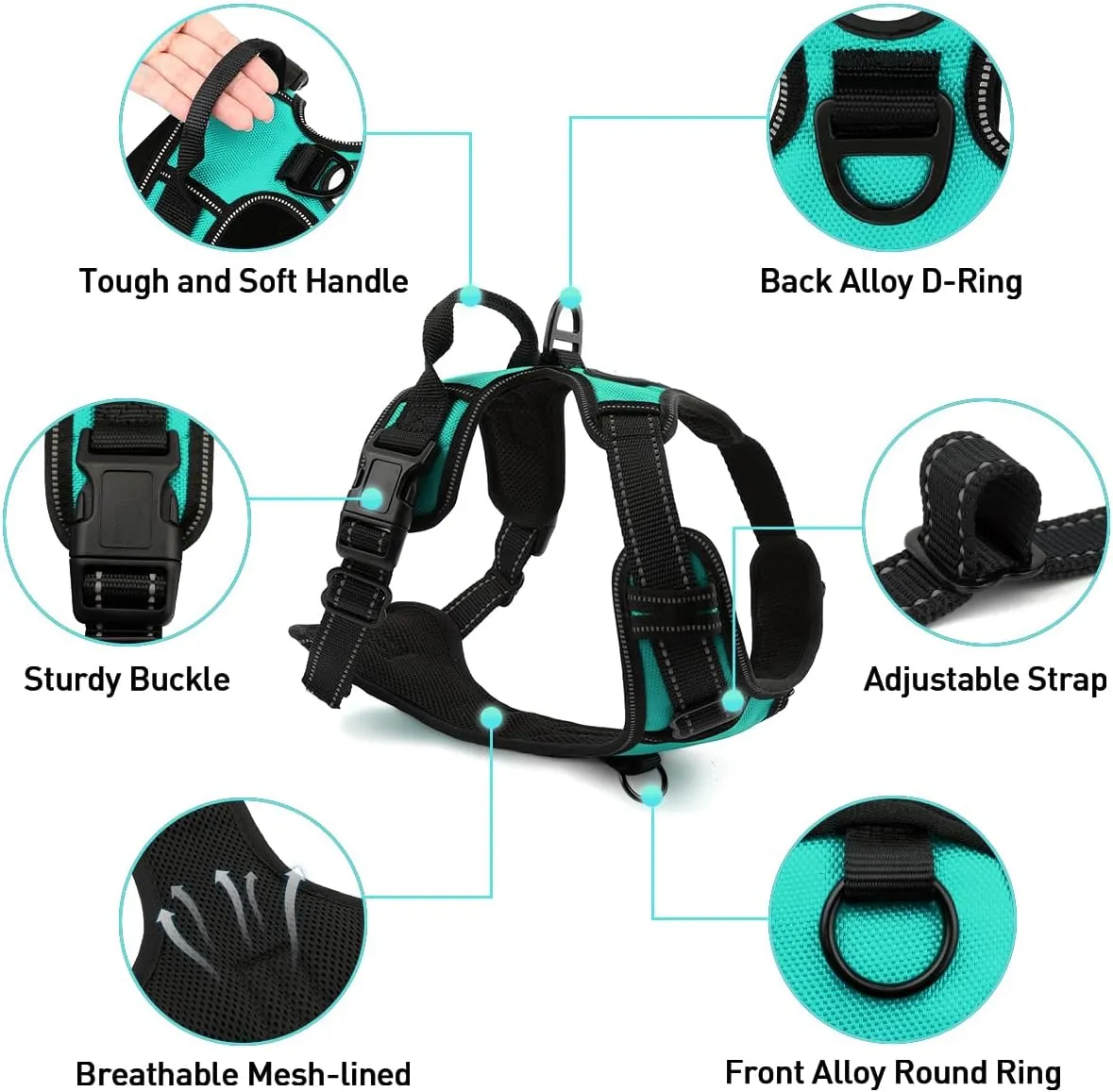Joytale No Pull Dog Harness for Small Dogs, Reflective Pet Vest with Front Clip, Adjustable Soft Padded Harnesses with Easy Control Handle for Training and Walking, Teal, S