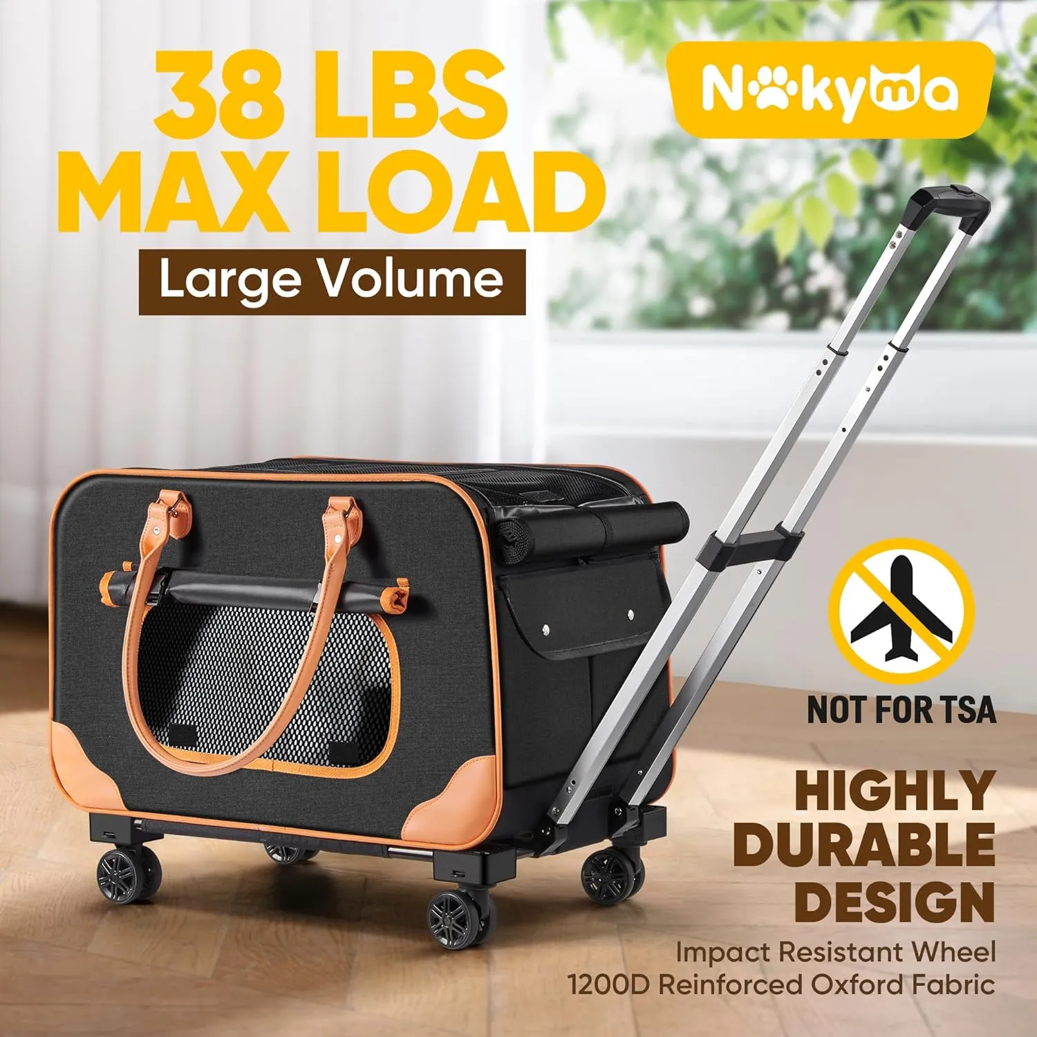 Large Cat Carrier with Wheels, Rolling Cat Carrier, 24"x 13.8"x 15.4" Pet Carrier with Wheels for Large Cats Small Dogs up to 38 LBS, Ideal for Travel, Walking and Camping(NOT for TSA)