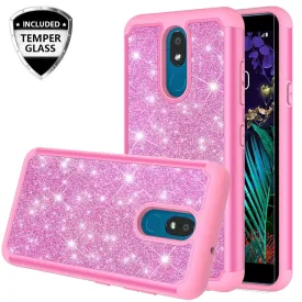 LG Escape Plus Case,Arena 2/K30 2019 Glitter Bling Heavy Duty Shock Proof Hybrid Case with [HD Screen Protector] Dual Layer Protective Phone Case Cover for LG Escape Plus/Arena 2/K30 2019 W/Temper Glass - Hot Pink