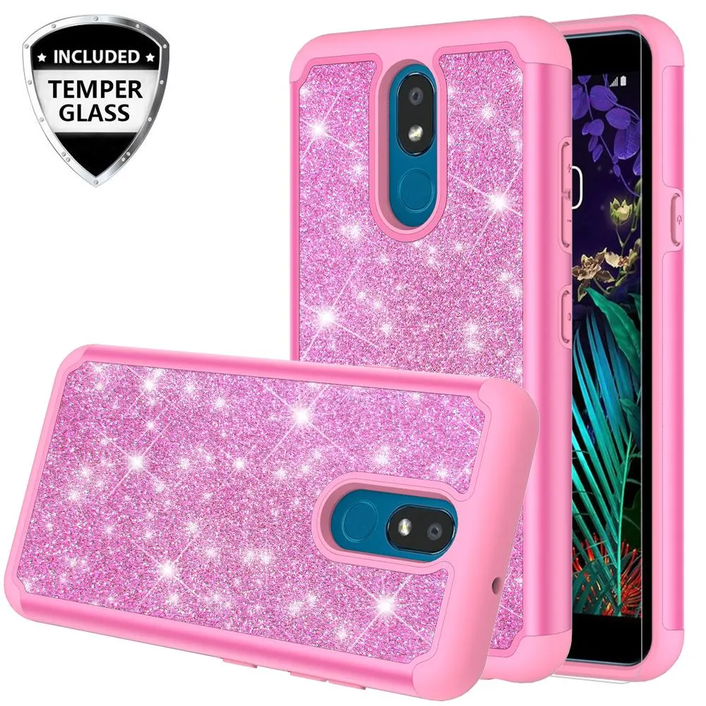 LG Escape Plus Case,Arena 2/K30 2019 Glitter Bling Heavy Duty Shock Proof Hybrid Case with [HD Screen Protector] Dual Layer Protective Phone Case Cover for LG Escape Plus/Arena 2/K30 2019 W/Temper Glass - Hot Pink