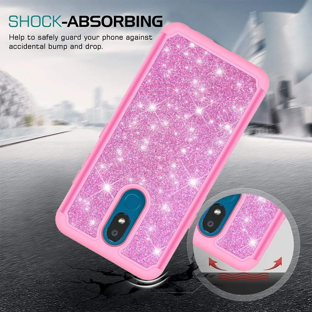 LG Escape Plus Case,Arena 2/K30 2019 Glitter Bling Heavy Duty Shock Proof Hybrid Case with [HD Screen Protector] Dual Layer Protective Phone Case Cover for LG Escape Plus/Arena 2/K30 2019 W/Temper Glass - Hot Pink