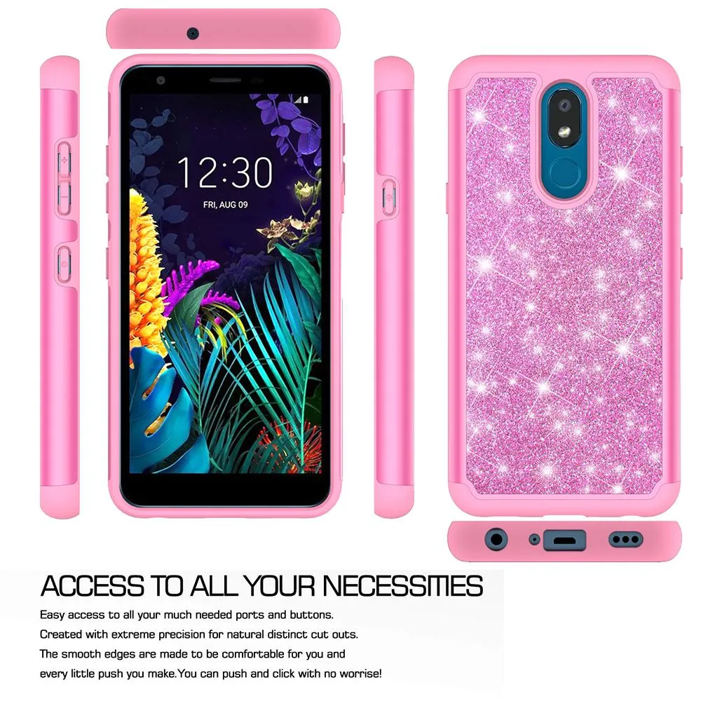 LG Escape Plus Case,Arena 2/K30 2019 Glitter Bling Heavy Duty Shock Proof Hybrid Case with [HD Screen Protector] Dual Layer Protective Phone Case Cover for LG Escape Plus/Arena 2/K30 2019 W/Temper Glass - Hot Pink