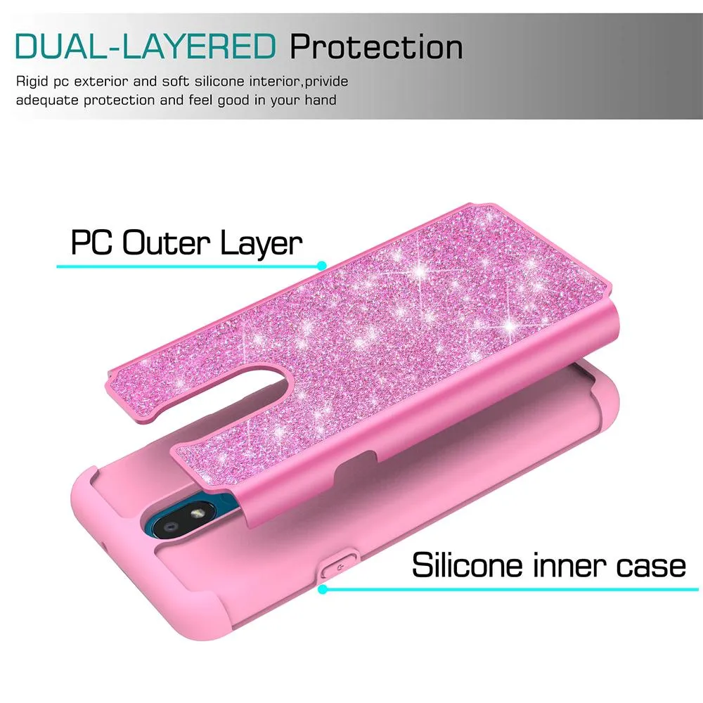 LG Escape Plus Case,Arena 2/K30 2019 Glitter Bling Heavy Duty Shock Proof Hybrid Case with [HD Screen Protector] Dual Layer Protective Phone Case Cover for LG Escape Plus/Arena 2/K30 2019 W/Temper Glass - Hot Pink