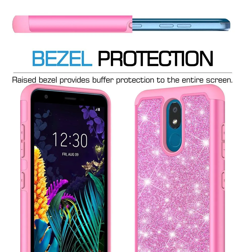 LG Escape Plus Case,Arena 2/K30 2019 Glitter Bling Heavy Duty Shock Proof Hybrid Case with [HD Screen Protector] Dual Layer Protective Phone Case Cover for LG Escape Plus/Arena 2/K30 2019 W/Temper Glass - Hot Pink