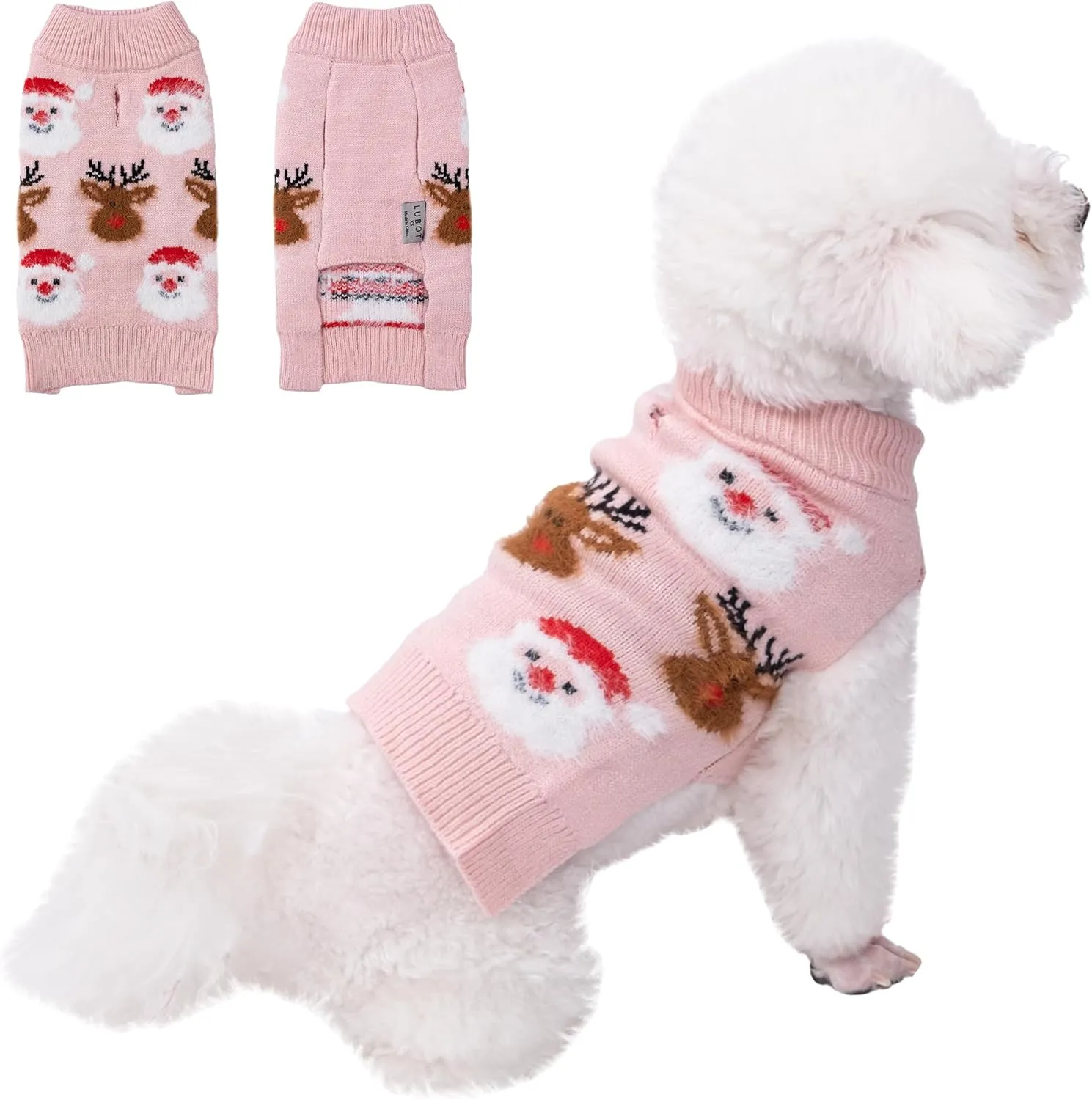 LUBOT New Ugly Christmas Sweaters for Puppy Cute Funny Wintertime and Holiday Parties Knitted Pullover Sweater Small Dog Santa&Deer Pink X-Small