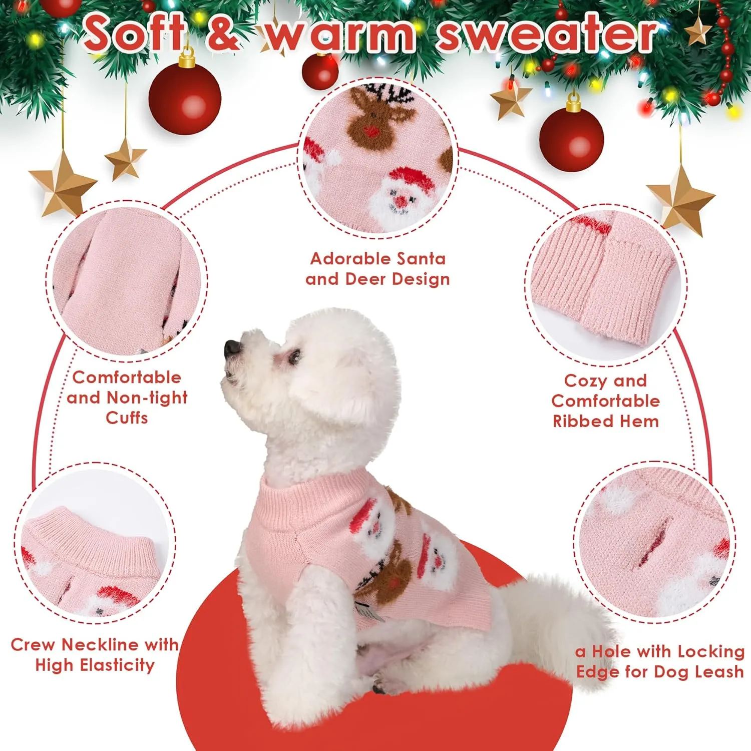 LUBOT New Ugly Christmas Sweaters for Puppy Cute Funny Wintertime and Holiday Parties Knitted Pullover Sweater Small Dog Santa&Deer Pink X-Small