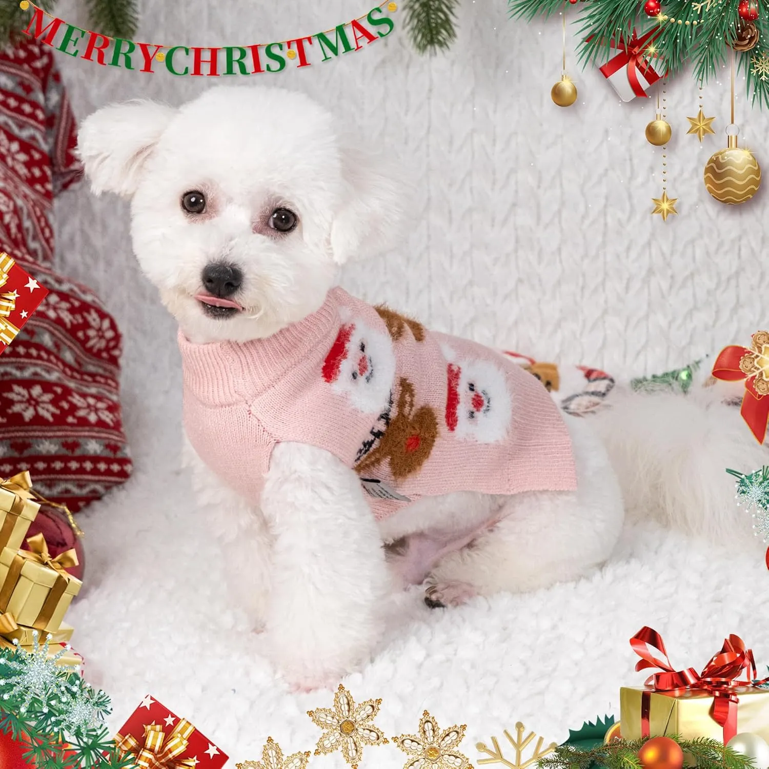 LUBOT New Ugly Christmas Sweaters for Puppy Cute Funny Wintertime and Holiday Parties Knitted Pullover Sweater Small Dog Santa&Deer Pink X-Small