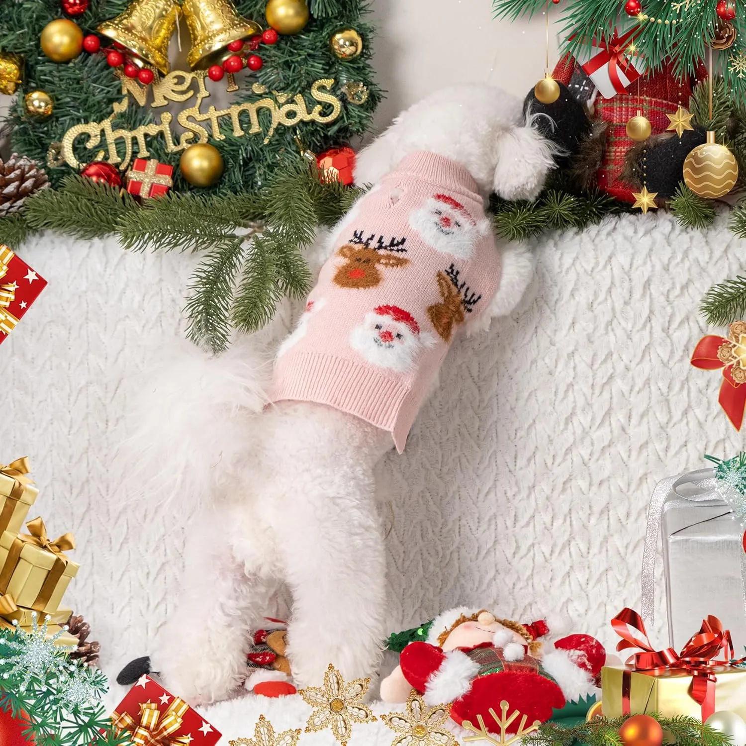 LUBOT New Ugly Christmas Sweaters for Puppy Cute Funny Wintertime and Holiday Parties Knitted Pullover Sweater Small Dog Santa&Deer Pink X-Small
