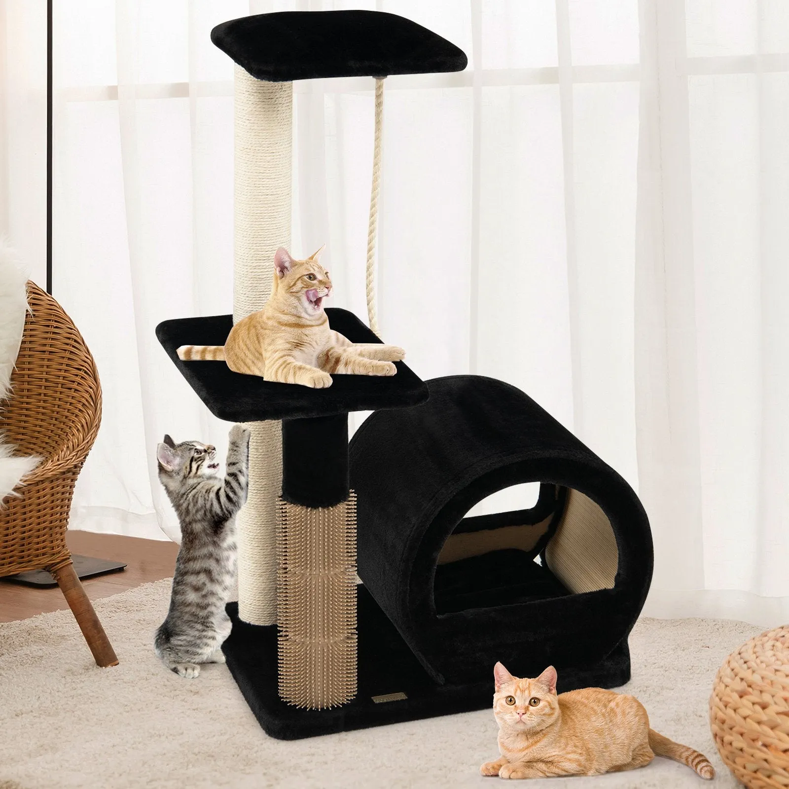 Multi-level Kitty Condo Climbing Tower with Groom Brush and Sisal Rope-Black