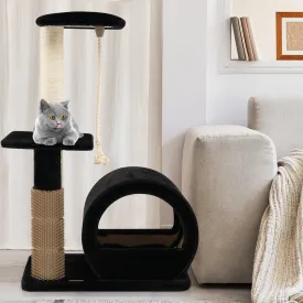 Multi-level Kitty Condo Climbing Tower with Groom Brush and Sisal Rope-Black