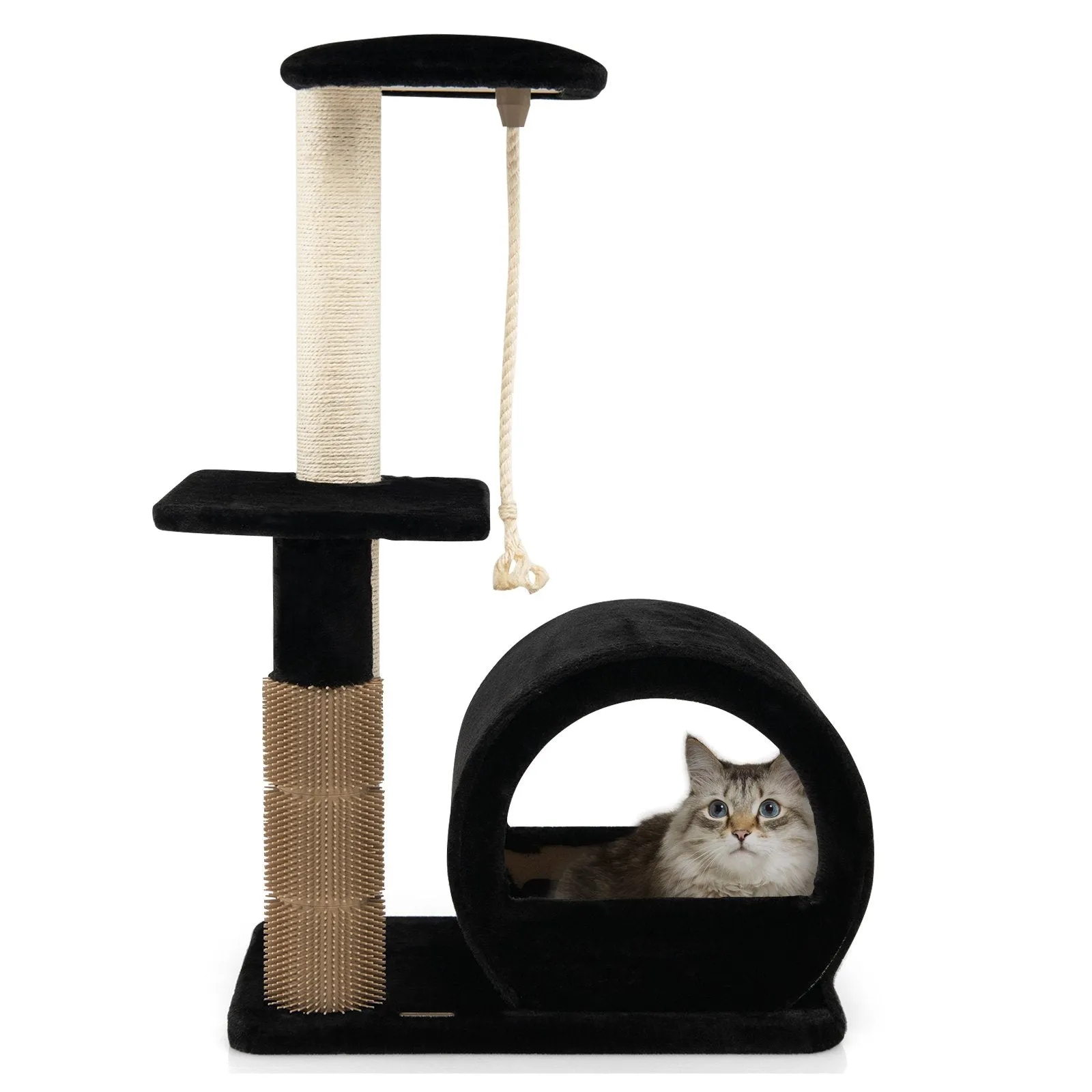 Multi-level Kitty Condo Climbing Tower with Groom Brush and Sisal Rope-Black