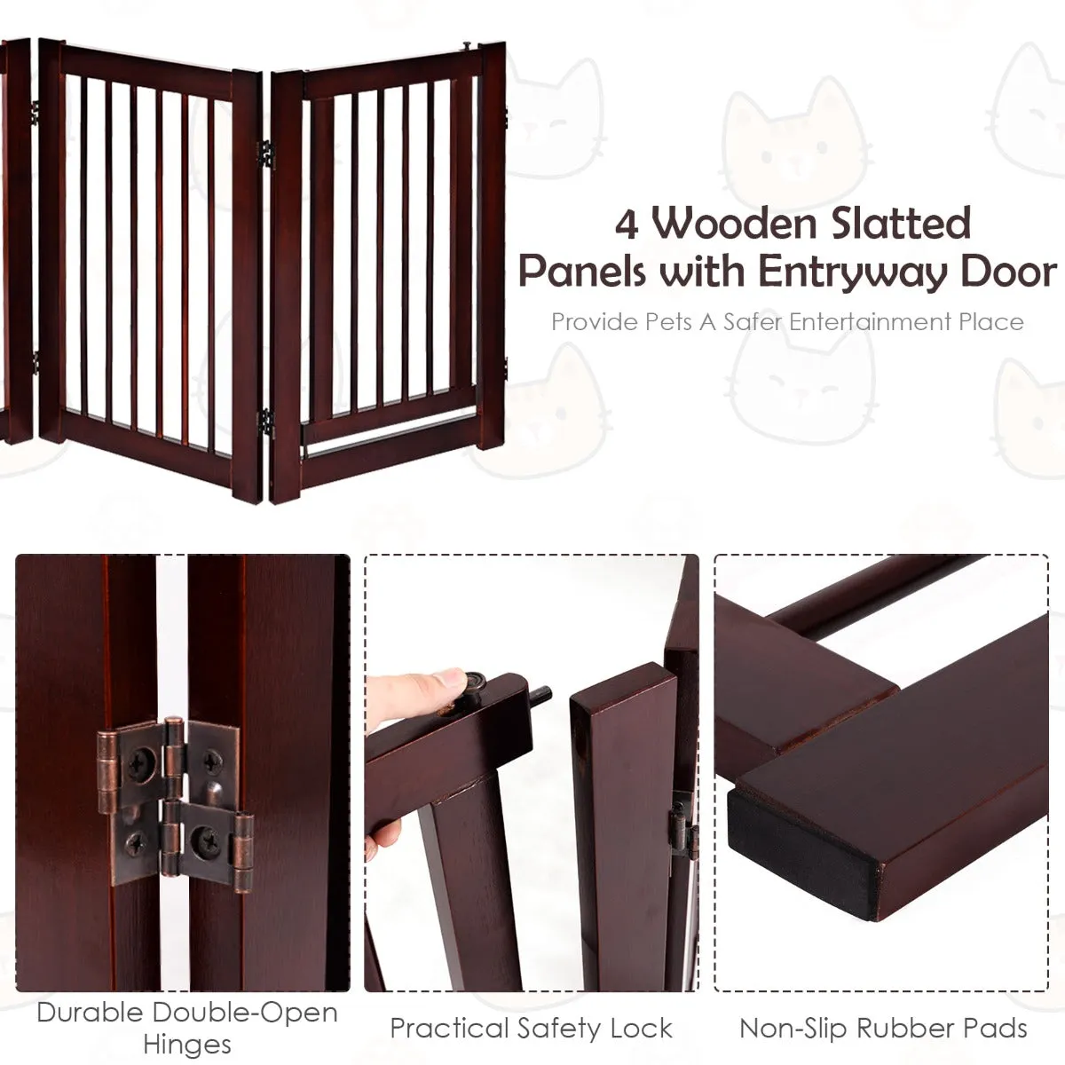 NNECW 4 Panel Folding Dog Fence with Walk Through Door-Coffee