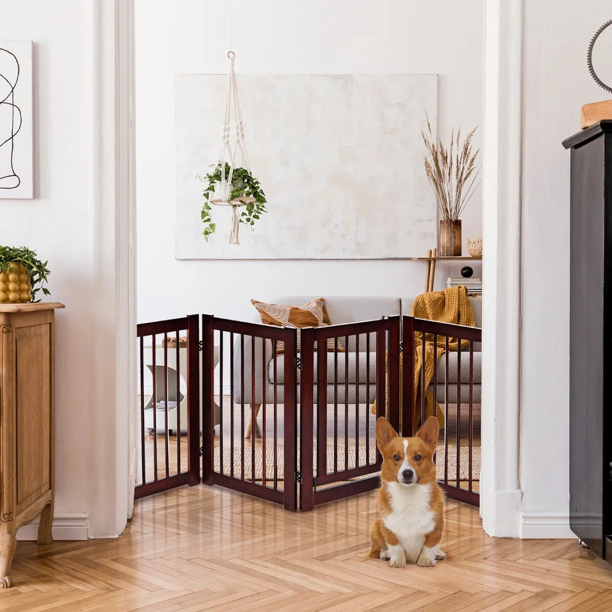 NNECW 4 Panel Folding Dog Fence with Walk Through Door-Coffee