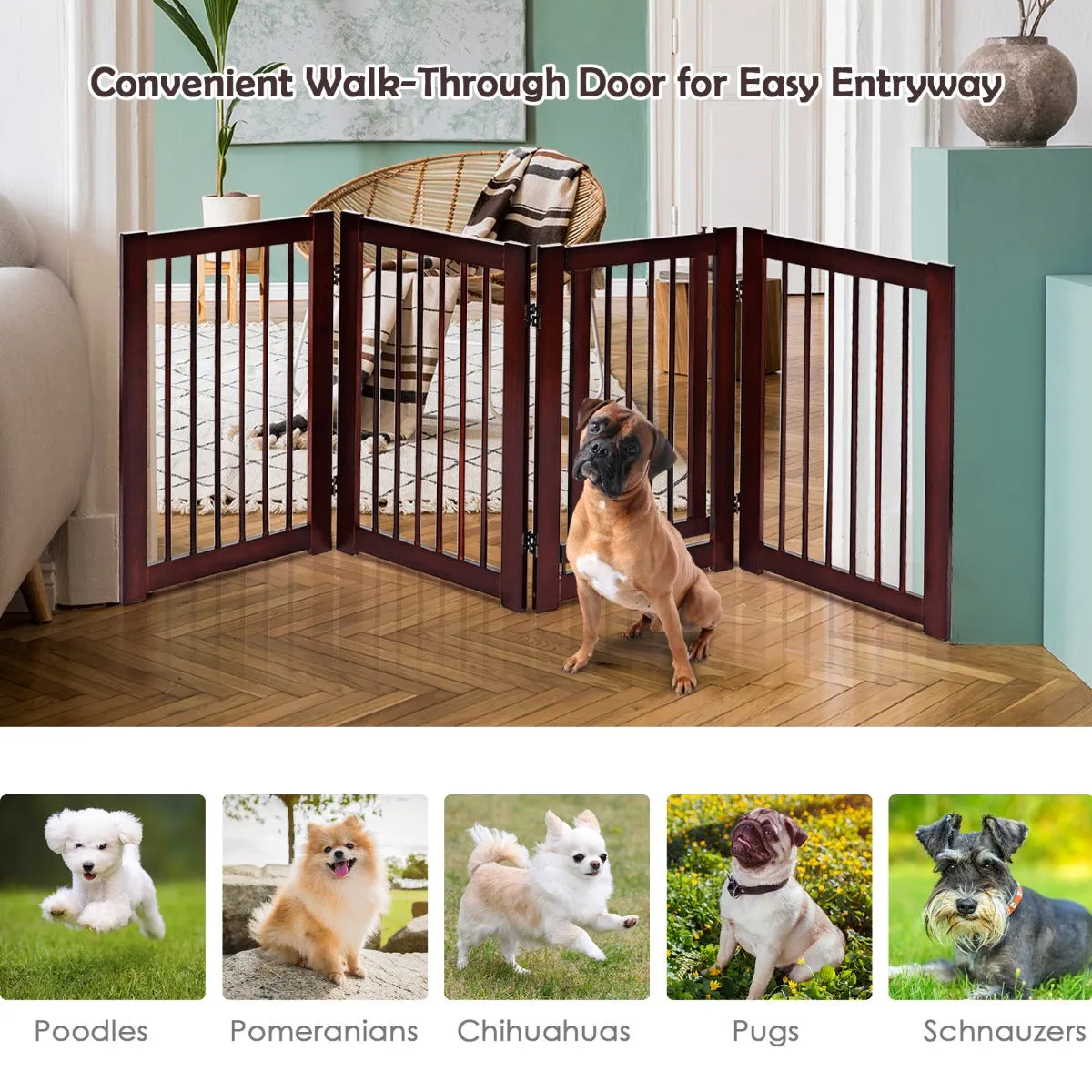 NNECW 4 Panel Folding Dog Fence with Walk Through Door-Coffee