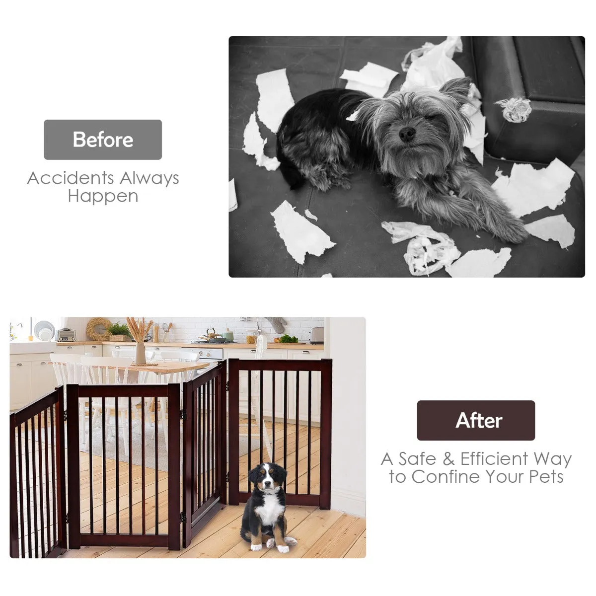 NNECW 4 Panel Folding Dog Fence with Walk Through Door-Coffee
