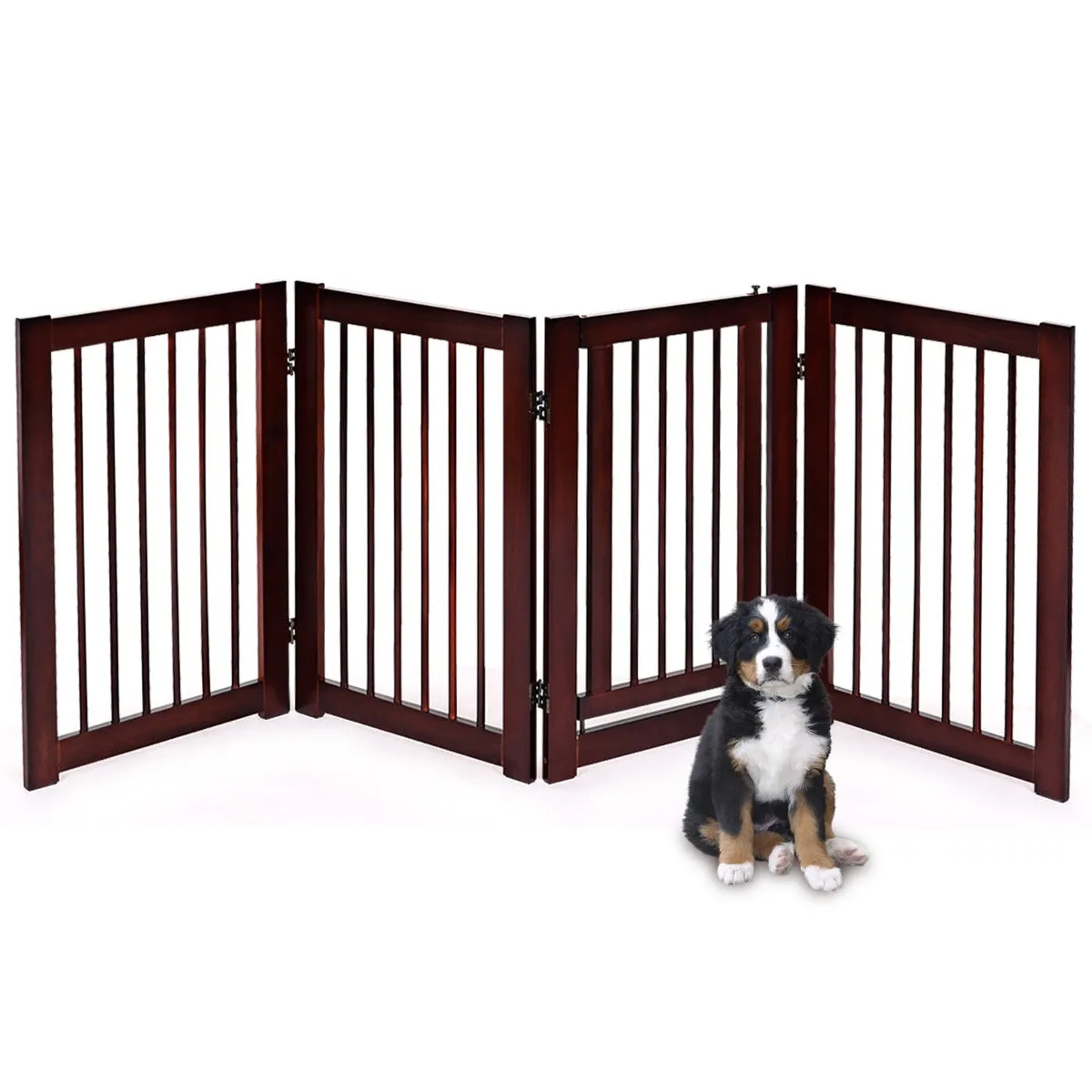 NNECW 4 Panel Folding Dog Fence with Walk Through Door-Coffee
