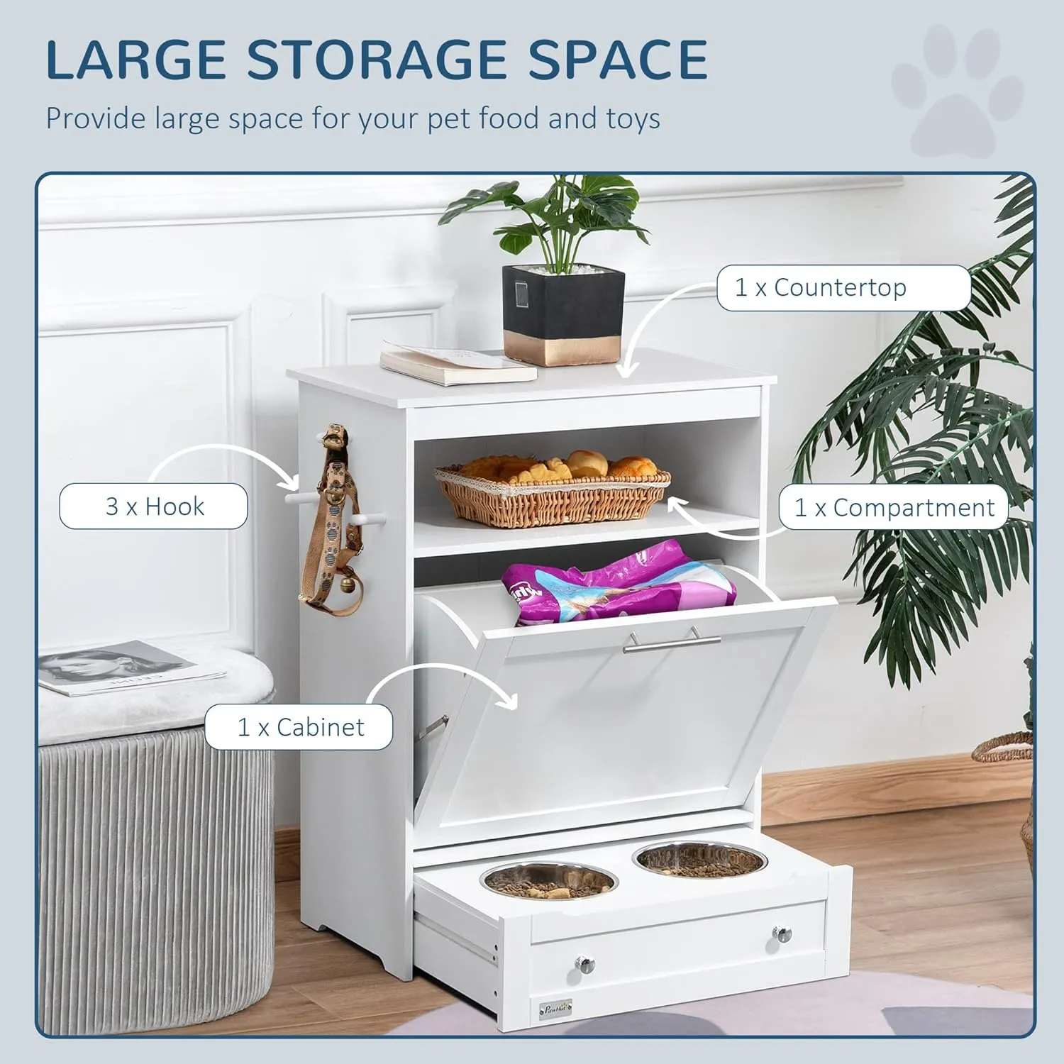 PawHut Dog Feeding Station - Pet Feeder Cabinet with Raised Bowls and Hanger for Supplies, White