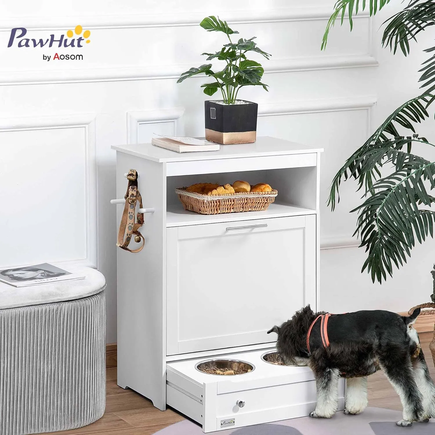 PawHut Dog Feeding Station - Pet Feeder Cabinet with Raised Bowls and Hanger for Supplies, White