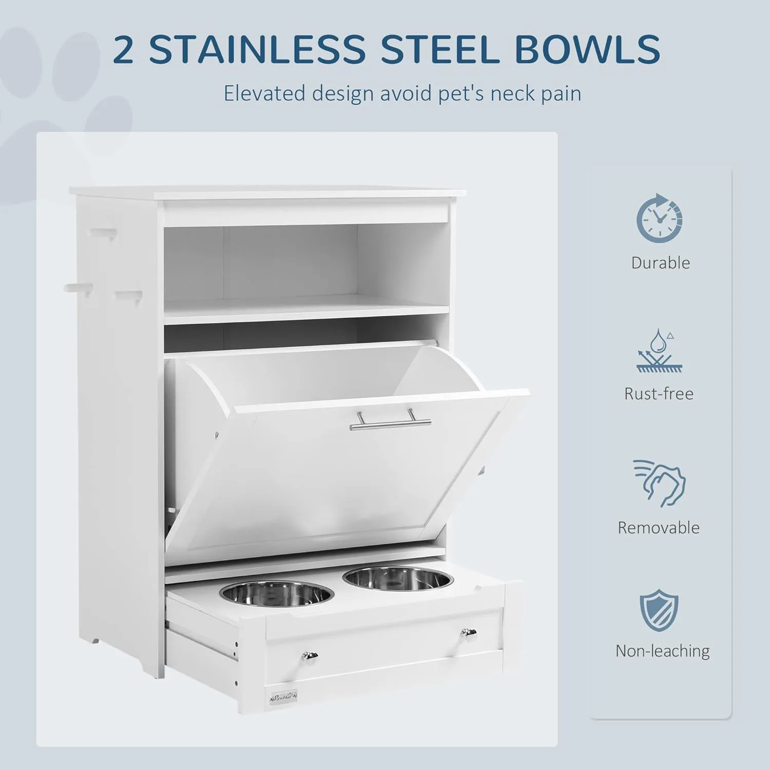 PawHut Dog Feeding Station - Pet Feeder Cabinet with Raised Bowls and Hanger for Supplies, White