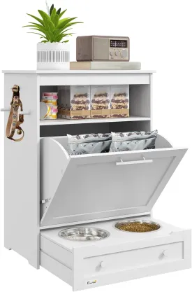 PawHut Dog Feeding Station - Pet Feeder Cabinet with Raised Bowls and Hanger for Supplies, White