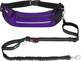 Pecute Hands Free Dog Leash with Pouch, Waist Belt Fanny Pack with Soft Pads, Dual Padded Handles, and Durable Bungee for Walking, Hiking, Jogging Biking, and Running (Up to 220lbs) Purple