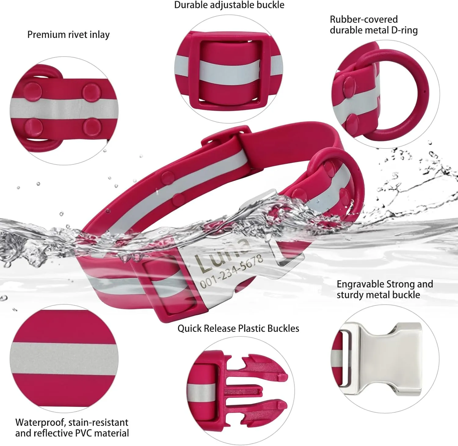 Personalized Waterproof & Reflective Dog Collar with Name Plate,Custom Easy Clean PVC Dog Collar with Buckle Engraved ID Name and Number (L(Width:1.0'', Fit 14.5''-23.0''),Red)