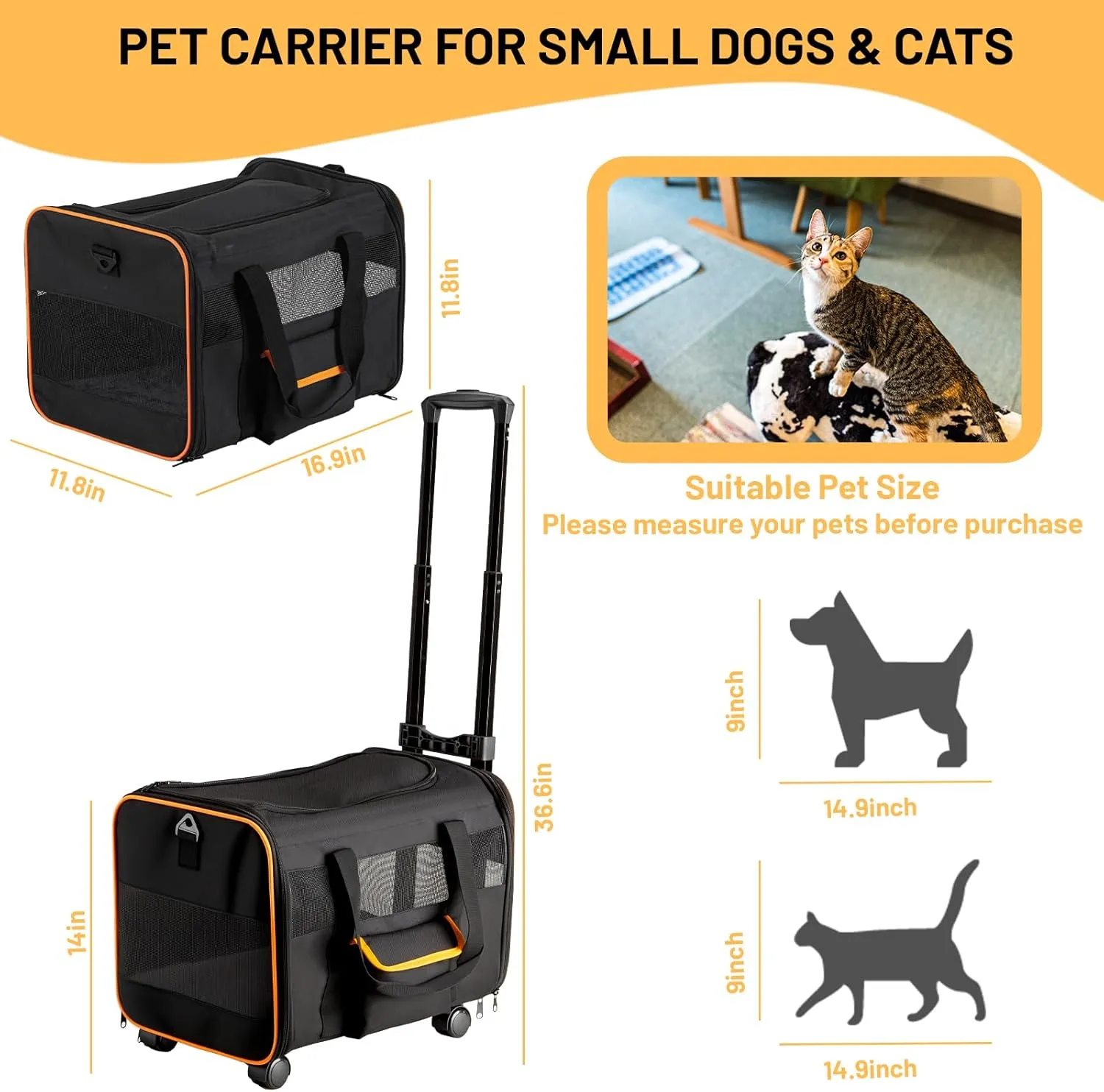 Pet Carrier for Small Pet, Cat Dog Carrier for Car Soft Sided Dog Rolling Crate Cat Travel Bag up to 20 Lbs