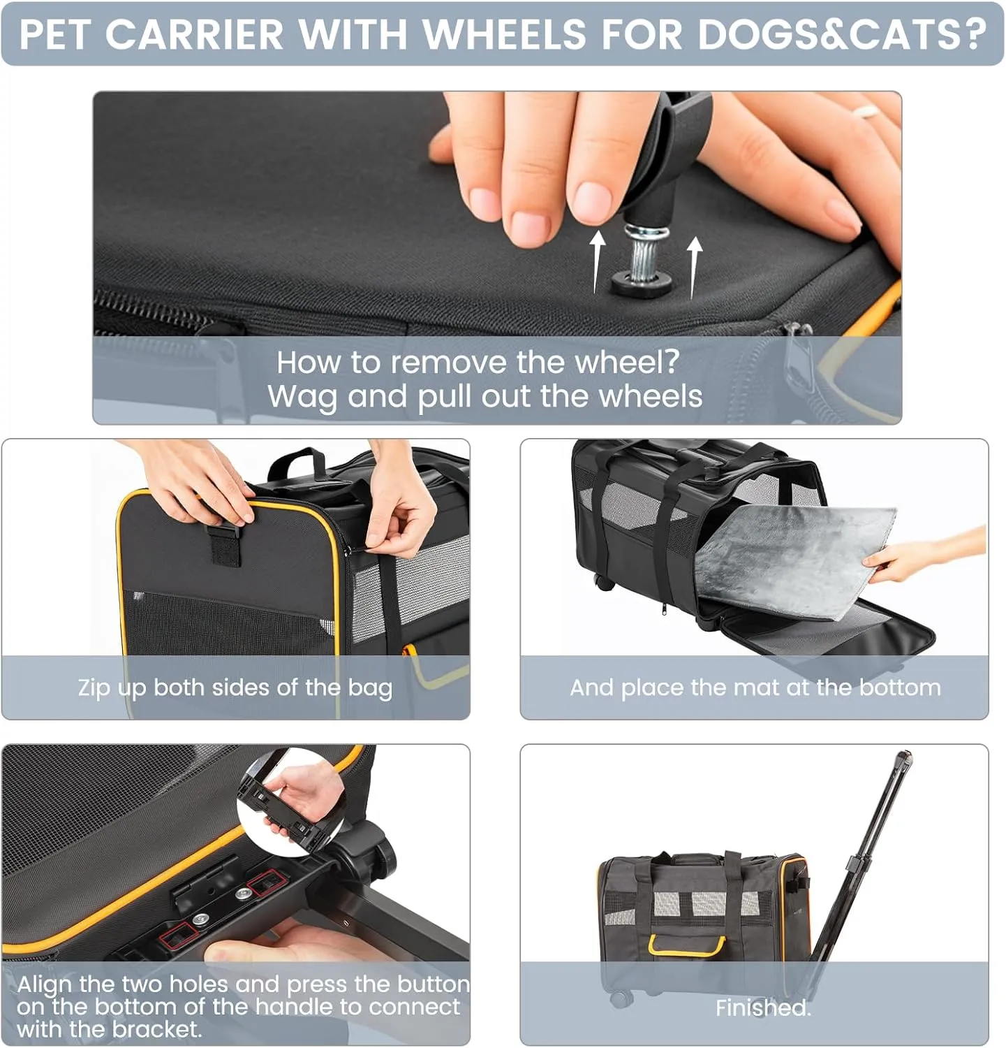 Pet Carrier for Small Pet, Cat Dog Carrier for Car Soft Sided Dog Rolling Crate Cat Travel Bag up to 20 Lbs