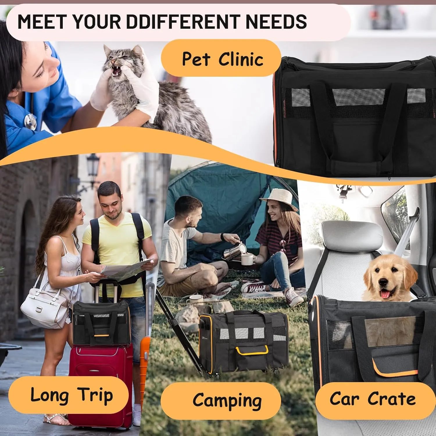 Pet Carrier for Small Pet, Cat Dog Carrier for Car Soft Sided Dog Rolling Crate Cat Travel Bag up to 20 Lbs