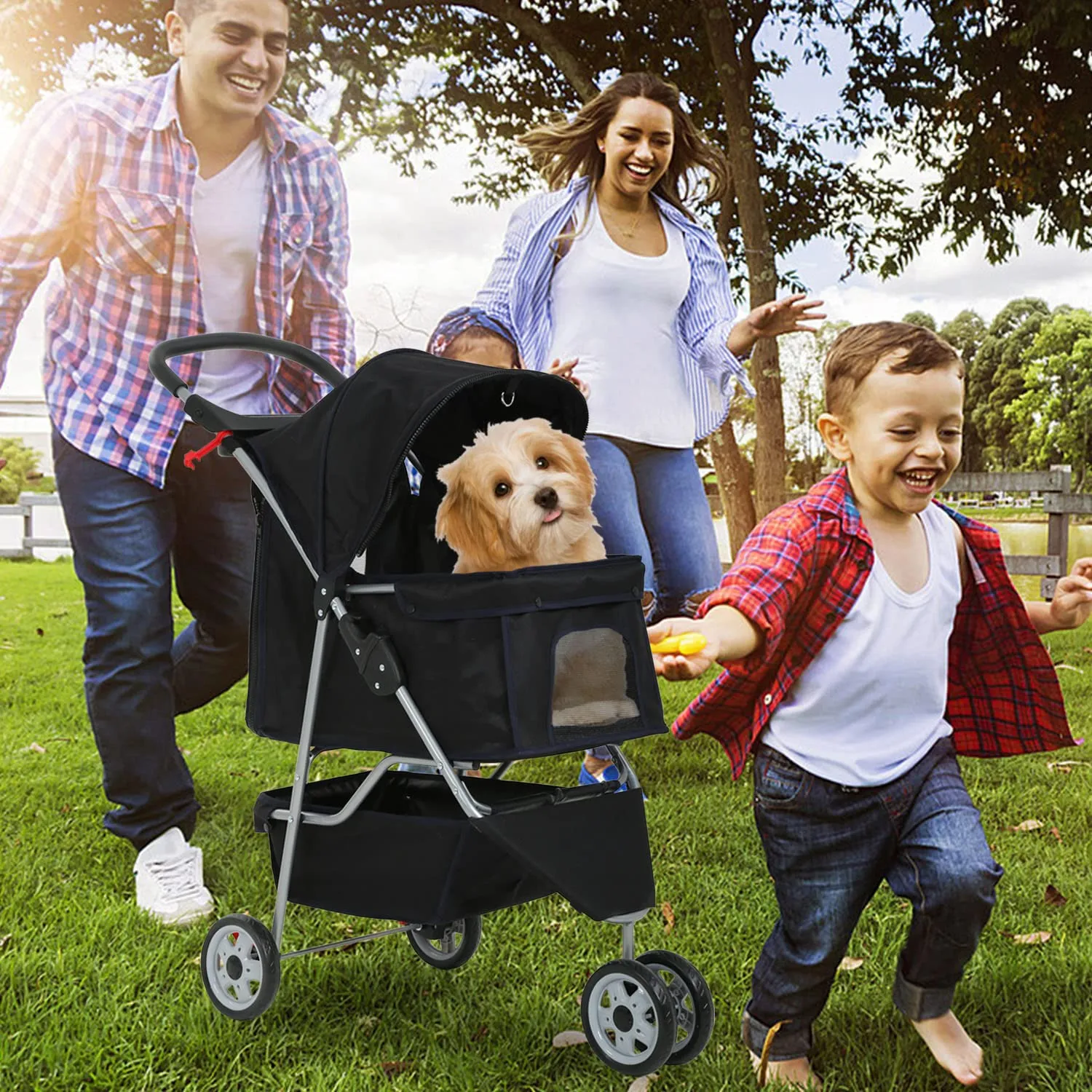Pet Jogger Stroller, 3-Wheel Folding Carrier for Small Dogs & Medium Pets, Waterproof with Cup Holder & Removable Liner (Black)