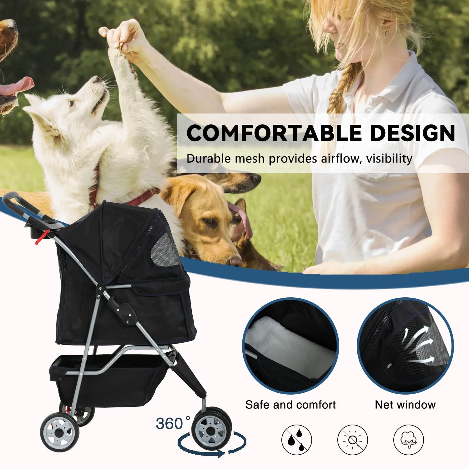 Pet Jogger Stroller, 3-Wheel Folding Carrier for Small Dogs & Medium Pets, Waterproof with Cup Holder & Removable Liner (Black)