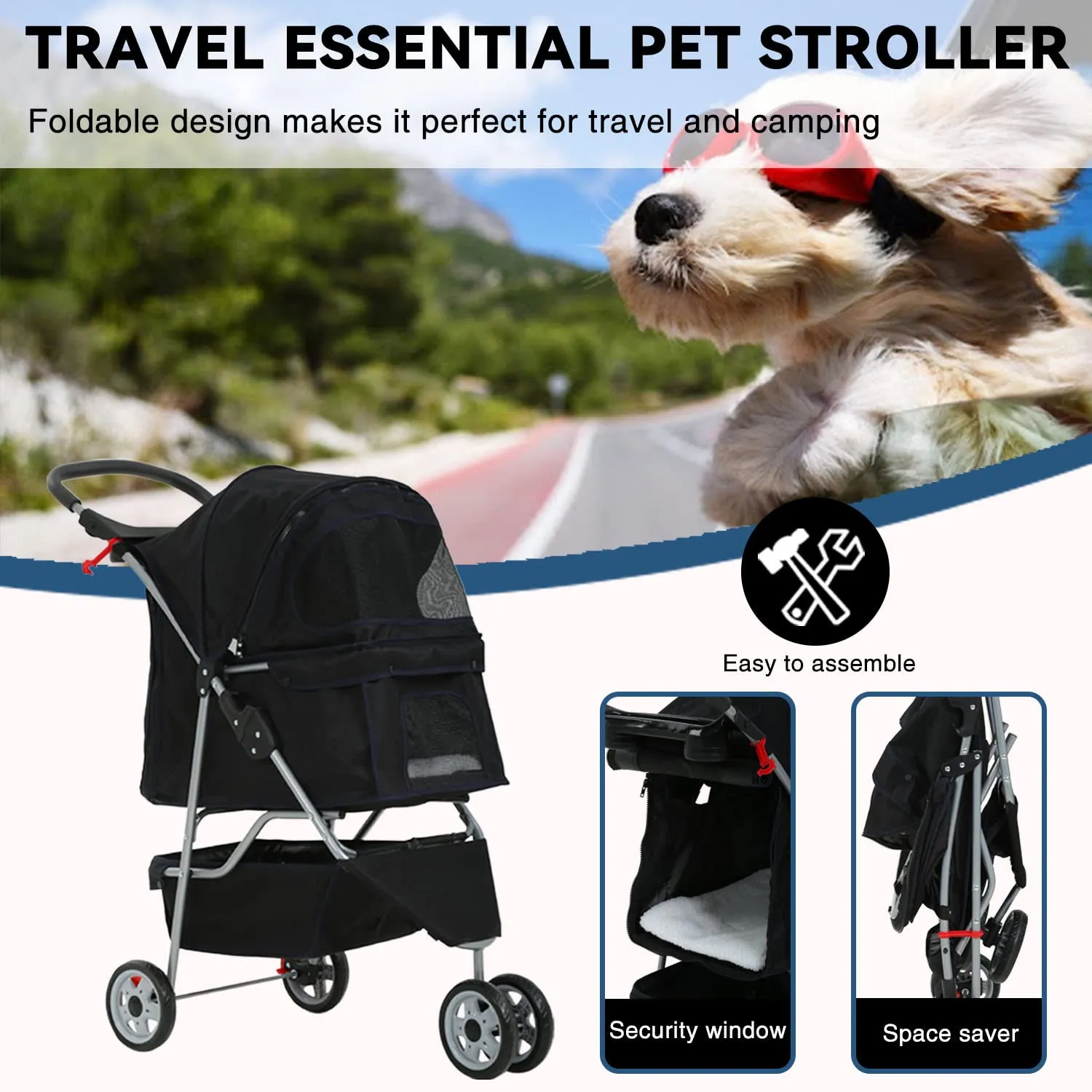 Pet Jogger Stroller, 3-Wheel Folding Carrier for Small Dogs & Medium Pets, Waterproof with Cup Holder & Removable Liner (Black)